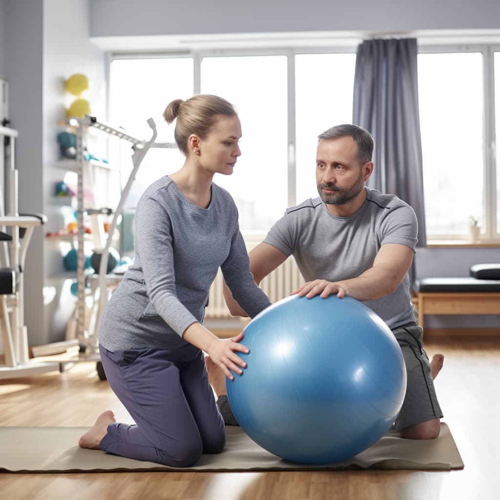 Patient performing an exercise under physiotherapist supervision.