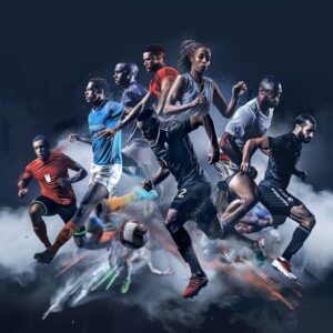 Diverse athletes in action across various sports including running, soccer, and basketball, demonstrating intensity and focus